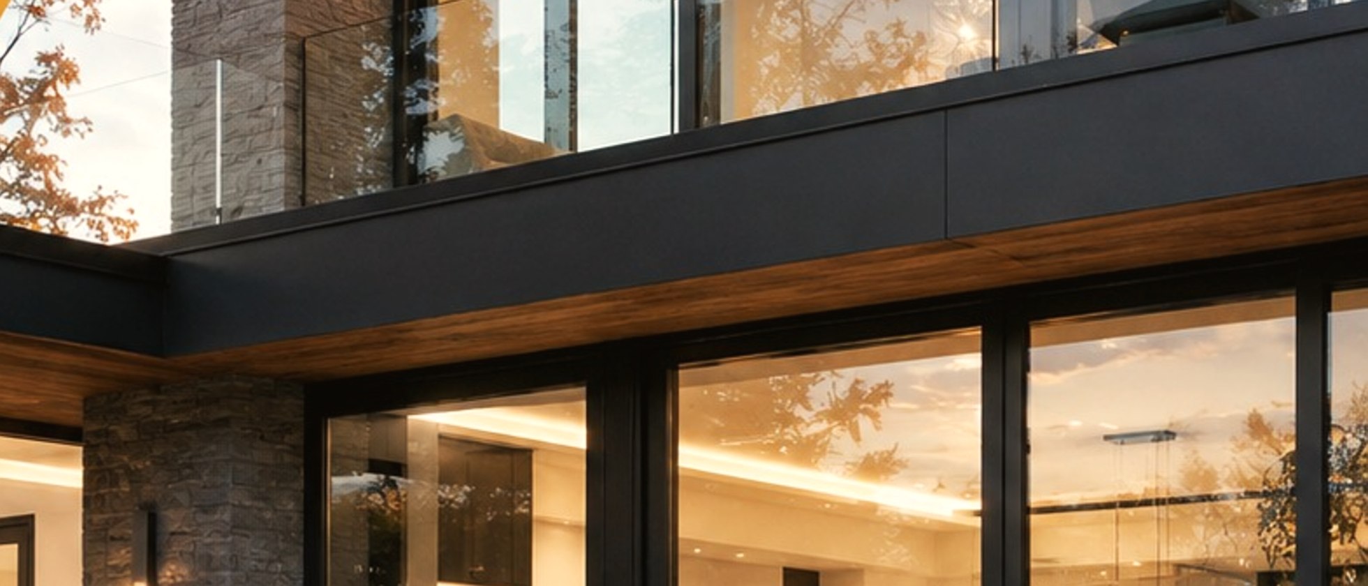 Dark-framed sliding doors and upper glazing on a contemporary home, warm interior light at dusk