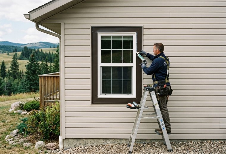 Tradesperson on a ladder sealing a window surround in beige siding, foothills and pines behind